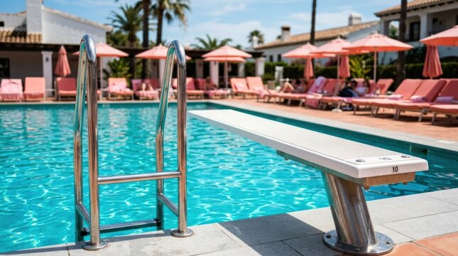 Swimming pool diving board with stainless-steel ladder against vivid turquoise water and warm pink seating in the distance, summer sports photography, shallow depth of field, clean geometric lines,