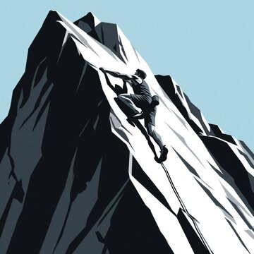 Silhouette of man climbing steep rocky mountain. Male climber uses rope for safety ascending high cliff. Extreme sport adventure in nature. Outdoor activity person scaling vertical rock face against