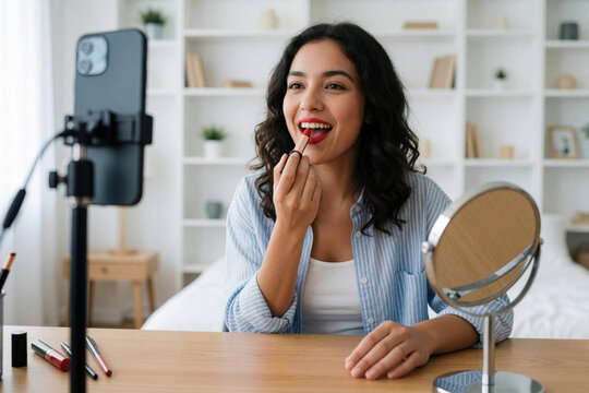 Young woman applies red lipstick filming beauty tutorial with smartphone on tripod. Content creator records makeup video for social media at home. Female influencer uses mobile phone for live