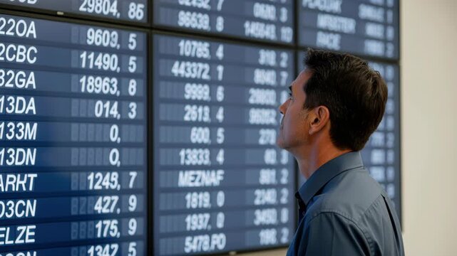 Market Watcher: A focused businessman studies a wall of digital screens displaying stock market data, analyzing trends and financial information.