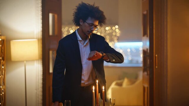 Man suit checking wristwatch waiting date. Woman red dress candlelit dinner.