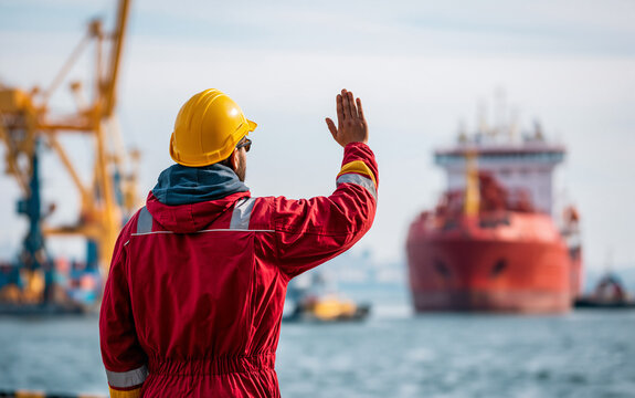 Marine worker in red uniform, yellow hard hat signals large cargo ship at sea port. Professional sailor guides massive vessel into dock near harbor.