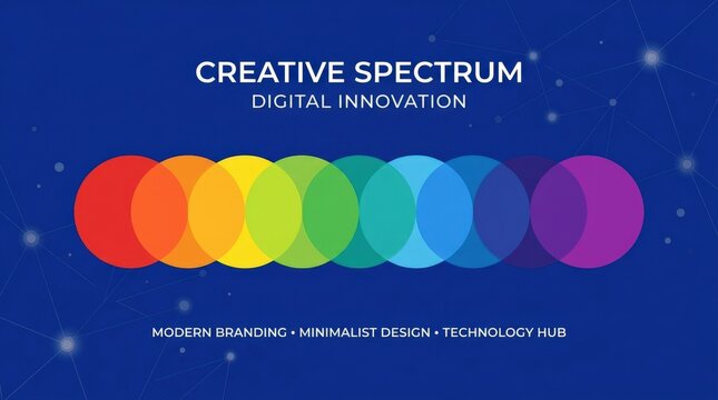 Rainbow discs aligned in a horizontal row on a cobalt-blue background, minimalist vector illustration, saturated warm-to-cool spectrum, clean overlap effects, strong graphic contrast, modern digital