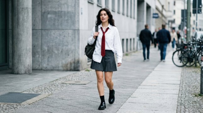 Young woman in a white shirt, dark skirt and red tie walking through an urban setting, editorial school-uniform fashion photography, cool gray background, crisp styling, soft daylight and youthful