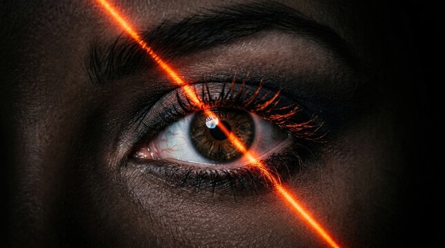 Extreme close-up of an eye crossed by a sharp orange-red beam of light against deep black shadow, dramatic beauty photography, graphic high contrast, warm accent color, mysterious editorial makeup