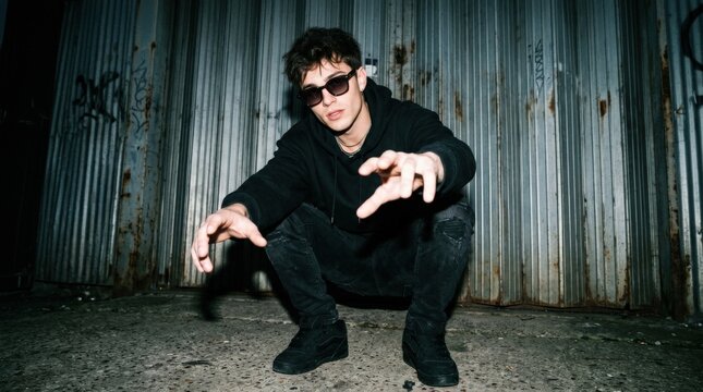Male fashion model in all-black casual clothing and sunglasses crouching with hands toward the camera, urban editorial photography, industrial ribbed metal background, dramatic flash lighting, cool