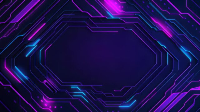 Futuristic Circuitry: A vibrant and glowing digital network with intricate lines and circuits in shades of neon purple and blue, forming an abstract, futuristic technological pattern against a dark.