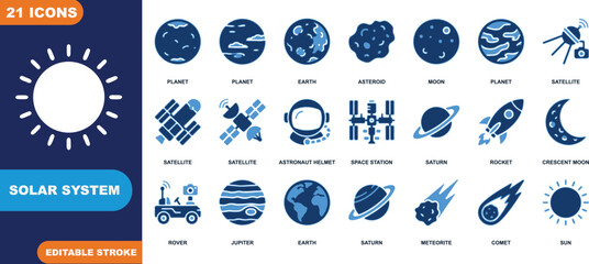 Collection of 21 solar system icons including planet moon asteroid satellite space station rocket comet sun and more © Arman