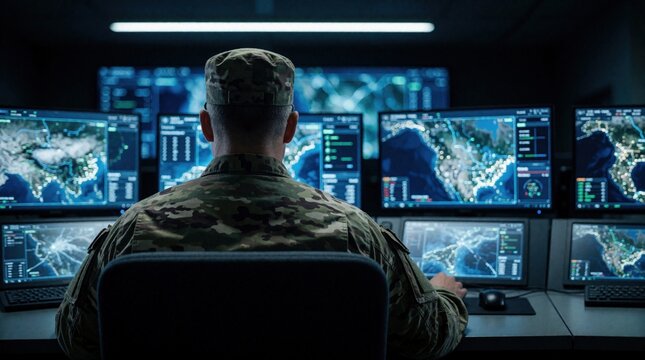 Military officer sits in dark command center monitoring global maps on multiple digital screens. Soldier performs surveillance, data analysis for national security. Tactical operations control system