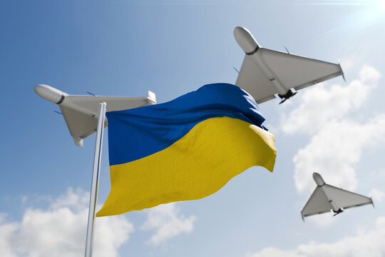 Military drones flying over the waving national flag of Ukraine against a blue sky, representing air defense preparedness, military technology, warfare, and national security.