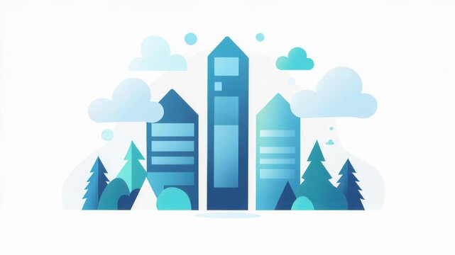 Stylized Cityscape with Clouds and Trees: A modern, stylized illustration depicts a cluster of tall buildings against a backdrop of soft clouds and evergreen trees, creating a serene urban landscape.