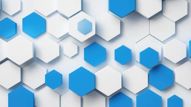 Hexagonal Pattern Abstract: A striking 3D abstract composition featuring a tessellation of interlocking hexagonal shapes in varying shades of blue and white.