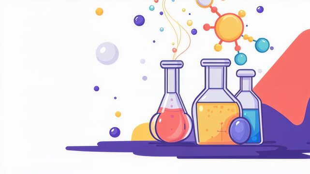 Chemical experiment illustration: Colorful chemical flasks and molecular structures represent a vibrant illustration of scientific discovery and chemical reactions.