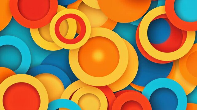 Concentric Circles Composition: A vibrant abstract composition featuring an overlapping arrangement of colorful concentric circles in shades of orange, yellow, and blue.