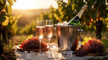 Obraz premium Romantic picnic in vineyard with chilled champagne in silver ice bucket. Two glasses of sparkling wine sit near red grapes on cloth. Golden sunset light illuminates outdoor celebration during summer