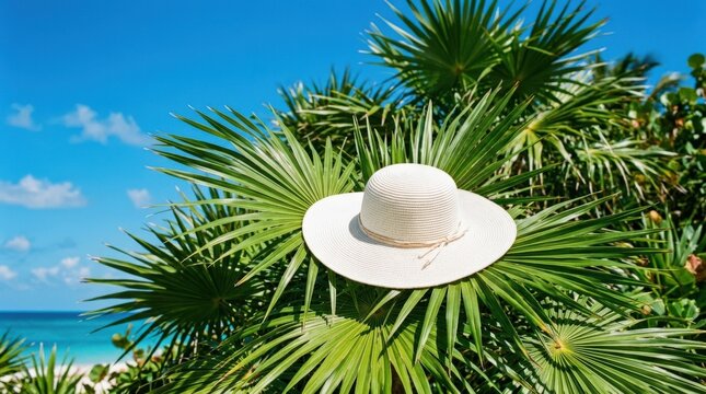 White hat nestled among long green palm leaves against saturated blue sky, tropical fashion still life, cyan green and white palette, bright sun and vibrant vacation mood.
