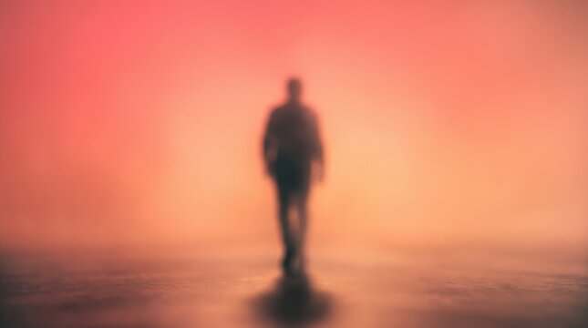 Blurred human silhouette emerging from a warm coral-to-peach gradient, minimalist conceptual digital art, soft dark shadow, atmospheric haze, identity and anonymity theme, modern editorial background.