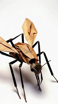 Origami Bee Craft: A meticulously crafted origami bee, made from textured paper, showcases intricate folding and detail, appearing lifelike with delicate wings and slender legs.