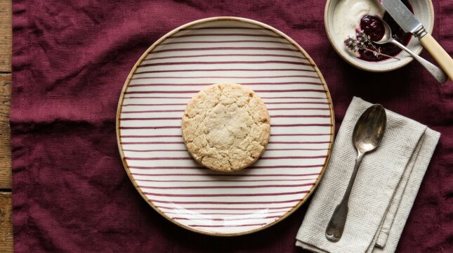 Single pale round cookie on a striped white plate over a burgundy textile background, top-down dessert photography, cream and wine-red palette, elegant simple geometry, nostalgic premium food styling.