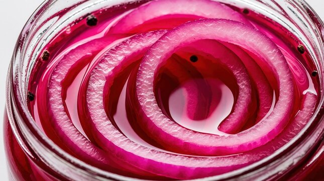 Extreme macro shot of pink pickled onion rings in glass jar. Red vegetable slices soak in magenta vinegar liquid with spices. Close up detail of translucent onion texture, colorful condiment in clear