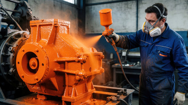 Worker uses spray gun to apply bright orange paint on heavy metal machine part. Pro technician wears respirator mask, blue overalls during industrial coating process in factory workshop. Refurbishing