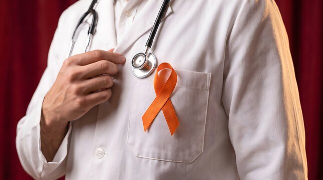 A professional healthcare provider wearing a white lab coat with a stethoscope and an orange ribbon to support AIDS and leukemia awareness