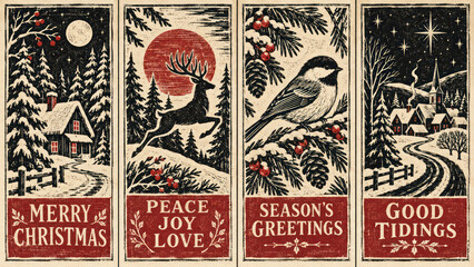 Fototapeta premium Vintage Christmas Bookmark Set with Winter Village Deer Bird and Snowy Cabin