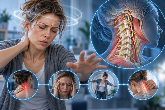 Cervical Vertigo and Neck Pain with Dizziness Symptoms and Cervical Spine Anatomy