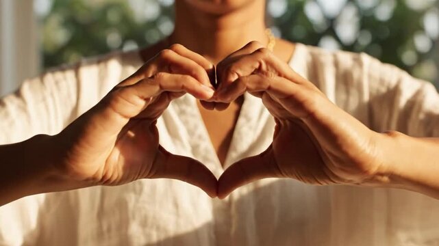Woman making heart shape with her hands in warm sunlight indoors expressing love and compassion for everyone