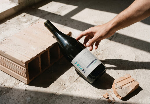 Hand Reaching Wine Bottle Laying on Brick Label Design Mockup