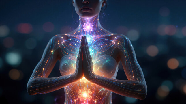 Faceless woman meditates with glowing chakra points along spine. Spiritual energy flows through body with bright light lines. Inner peace, mindfulness concept with colorful aura, healing vibrations