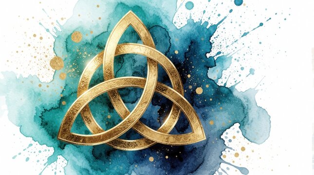 Golden Triquetra knot symbol on blue watercolor background. Sacred geometry Celtic trinity icon with metallic texture. Spiritual Christian ornament with teal paint splashes, gold dots. Mystic
