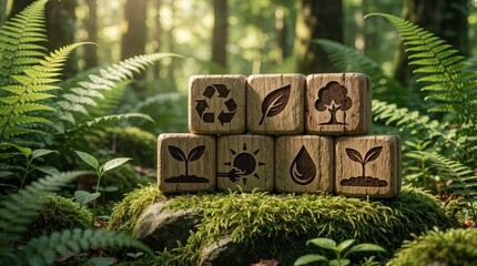 Obraz premium Wooden blocks with eco symbols sit on mossy rock in forest. Blocks show recycling, leaf, tree, sun, water, plant icons. Sustainable living concept promotes green energy, nature conservation in serene