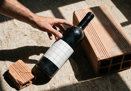 Wine on Construction Site with Brick and Hand Label Mockup