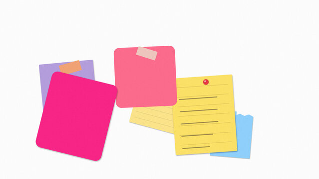 Colorful flat design sticky notes and paper with clip isolated on white background