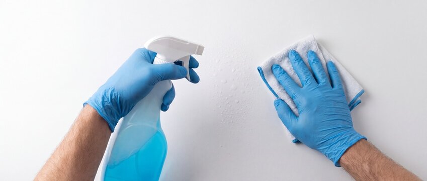 Hands in blue gloves using a spray bottle and cloth to clean a white surface