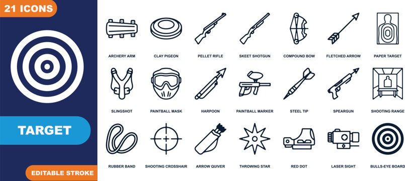 Target icons set with archery arm clay pigeon pellet rifle and more flat design vector illustration