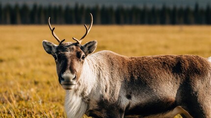 Obraz premium Close up portrait of wild reindeer with large antlers in autumn tundra. Single mammal stands in dry grass field near forest. Nordic wildlife animal looks at camera in natural habitat during sunny day