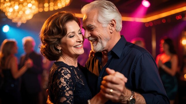 Happy senior couple dance closely in vibrant nightclub. Elderly man, woman enjoy romantic salsa at party with colorful lights. Smiling lovers embrace on dancefloor during festive night celebration.