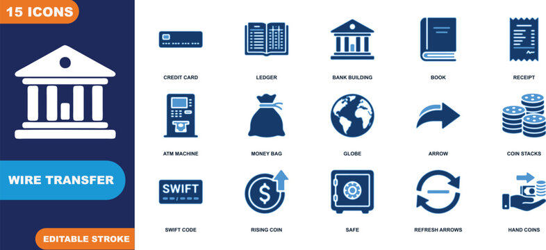 Vector icons for wire transfer and financial transactions