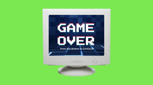 Nostalgic CRT computer monitor displaying a vibrant pixelated 'GAME OVER' screen, signaling the conclusion of a classic video game and evoking strong retro gaming memories