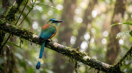 Fototapeta premium Colorful Motmot Bird Perched on a Mossy Branch in a Lush Rainforest.