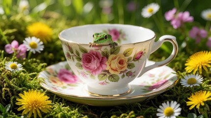 Obraz premium Small green gecko sits inside floral teacup in garden. Tiny reptile peeks from ceramic cup with rose pattern. Bright yellow dandelions, white daisies surround tea set on green moss. Cute whimsical