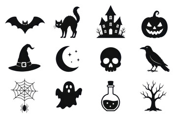 Fototapeta premium PNG Halloween icon set with bat, cat, pumpkin, skull, witch hat