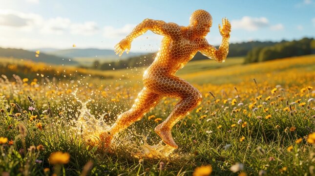 Abstract humanoid figure made of golden honeycomb runs through summer flower meadow. Honey liquid splashes around moving athlete in sunny field. Creative concept of energy, vitality, molecular
