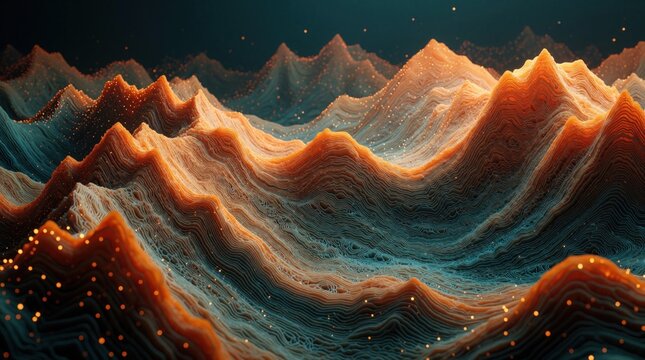 Abstract 3D render shows undulating terrain with orange, teal waves. Glowing particles float over textured digital landscape. Fluid motion, complex patterns create futuristic data visualization with