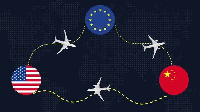 Global trade and cargo flight routes between USA, European Union, and China motion graphics