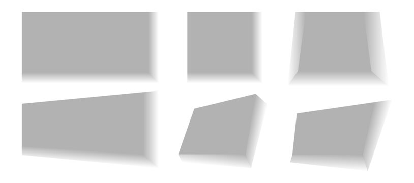 Minimal geometric shadow shape set with rectangular shapes, realistic soft shadows, perspective variations, and gradient depth effects for product mockups and digital design compositions.