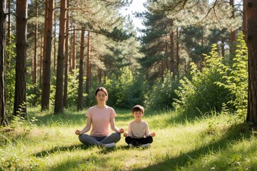 Obraz premium Mother, young son practice yoga meditation in sunny forest clearing. Woman, child sit on grass mindfulness exercises together. Peaceful family enjoys wellness activities, calm lifestyle in nature.