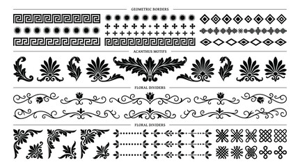 Set of black decorative vintage borders, acanthus leaf motifs, floral dividers, and geometric patterns on a white background © AronayChandra
